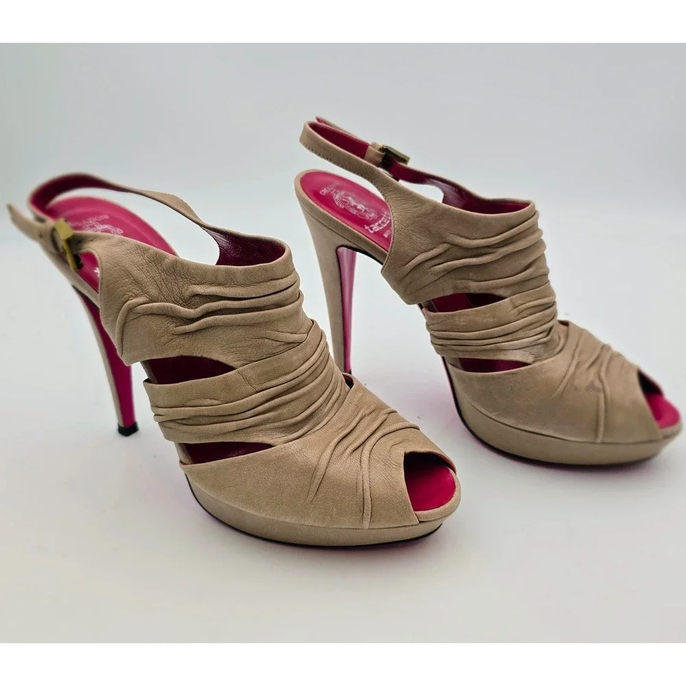 Creazioni Taccetti Beige Ruched Leather Peep‎ Toe Slingback Heels 38/7.5 Italian